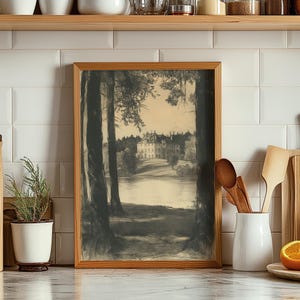 Dibujo vintage de jardín de villa francesa en un lago, impresión de boceto de paisaje, boceto de arte mural parisino, boceto minimalista, boceto vintage neutro 1103