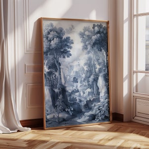 Vintage blauwe chinoiserieschilderij set (1 van 3), vintage kunstprint, antieke kunst aan de muur, vintage landschapsolieverfschilderij, print CA384