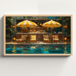 May include: A painting of a poolside bar with two yellow and white striped umbrellas, two tables with chairs, and a swimming pool in the foreground.
