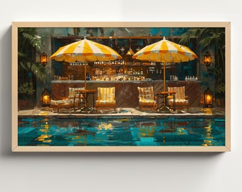 Tropical Resort Bar, Abstract Poolside Oil Painting, Summer Coastal Art for Frame TV Samsung Digital Download