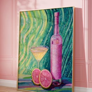 Bar Cart Wall Art, Retro Lemon Martini Oil Painting Print, Różowo-zielony modny wystrój Y2K, Kuchnia College Apartment Dorm Room CA971