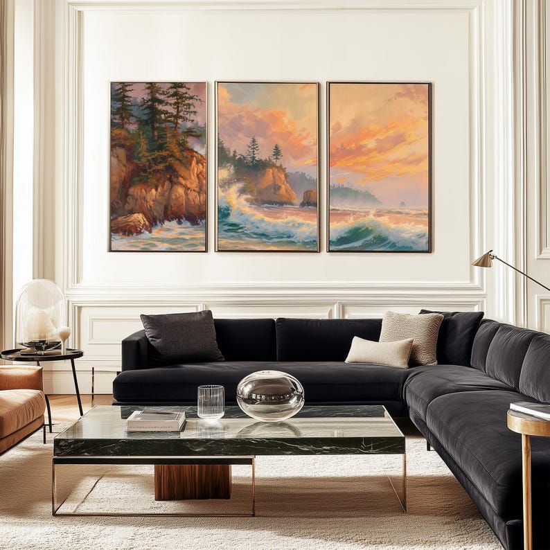 PNW Landscape Painting, Oregon Coast Ocean Prints Set of 3, Coastal Beach House Wall Art Gallery, Triptych Daybreak Seascape Decor 658 image 4