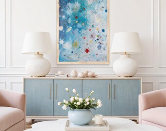 Abstract Giclee Wall Art, Blue Galaxy Cosmic Art, Mid Century Modern Original Art Print, Large Oil Painting Oversize  Abstract Art 339
