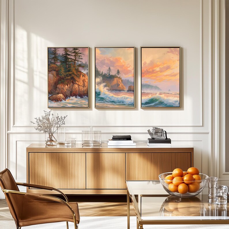 PNW Landscape Painting, Oregon Coast Ocean Prints Set of 3, Coastal Beach House Wall Art Gallery, Triptych Daybreak Seascape Decor 658 image 6
