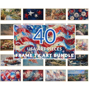 Peut inclure: Un ensemble de 40 œuvres d'art sur le thème des États-Unis, conçues pour les téléviseurs à cadre. Les images comprennent des peintures de drapeaux américains, de feux d'artifice, de compositions florales et de paysages. La palette de couleurs est rouge, blanc et bleu.