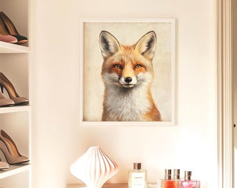 Fox Oil Painting, Large Square Art Print, Detailed Animal Portrait Gift, Wildlife Nursery Wall Decor, Nature Cottagecore Artwork 820