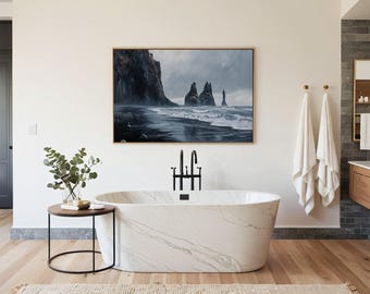 Moody Reynisfjara Landscape Oil Painting, Iceland Art Ocean Coast Print, Dark Beach Seascape Artwork, Wall Decor 653