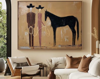 Original Cowboy Abstract Figurative Horse Oil Painting Large Oversized, Contemporary Japandi Western Wall Art Neutral Canvas 1228