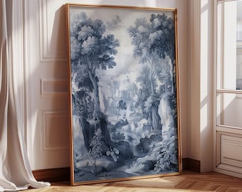 Vintage Blue Chinoiserie Painting Set (1 of 3), Vintage Art Print, Antique Wall Art Prints, Vintage Landscape Oil Painting,  Print 384