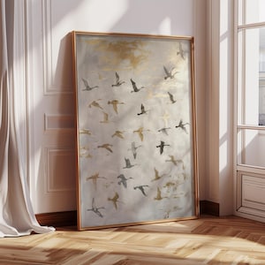 Golden Bird Flock Wall Art, Mid Century Modern Art Print, Large Oil Painting Oversize  Giclee Vintage Abstract Bird Painting 437