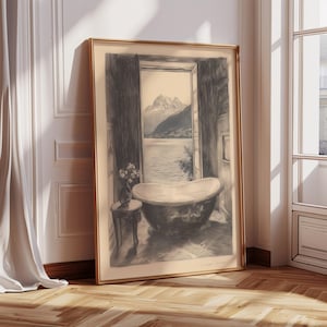 Bathtub Vintage Sketch Drawing, French Vanity Bathroom Sketch Print, Minimalist Muted Dressing Room Wall Art Neutral Lake Landscape 1093