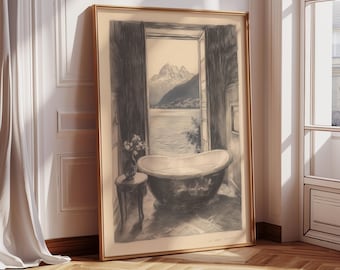 Bathtub Vintage Sketch Drawing, French Vanity Bathroom Sketch Print, Minimalist Muted Dressing Room Wall Art Neutral Lake Landscape 1093