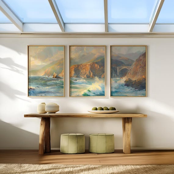 3 Quadri Su Tela Con Paesaggio Acquerello Montagna, Formato 40,6x61 Cm, Stile Moderno Metà Secolo - 2