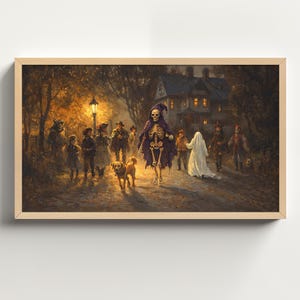 Puede incluir: Una figura esquelética con una túnica morada y un sombrero de copa guía a un grupo de niños que hacen truco o trato en una noche oscura de Halloween. Los niños están disfrazados y llevan bolsas. Un perro camina junto al esqueleto.