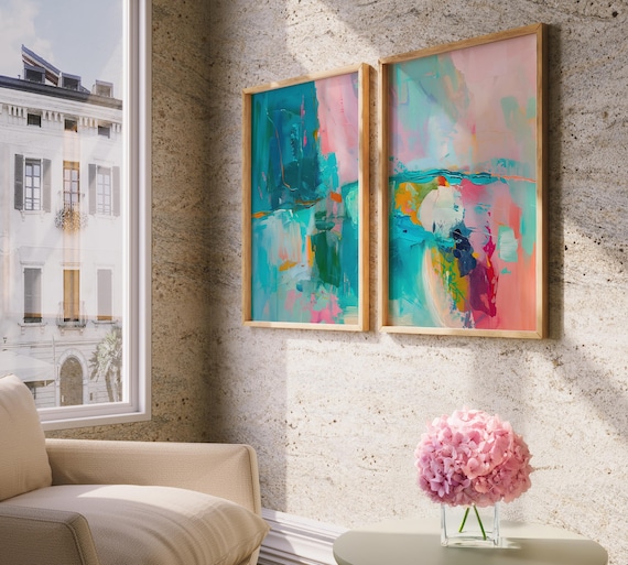 明るくカラフルなピンクとターコイズの抽象画プリント、アートプリント