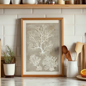 Impresión artística giclée de coral tropical: arte mural náutico moderno de mediados de siglo