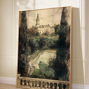 Dibujo vintage de jardín campestre francés, impresión de boceto de paisaje, boceto de arte mural parisino, boceto minimalista, boceto vintage neutro 1100