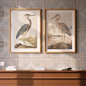 Vintage Heron Painting Bird Art Prints Set of 2, Gallery Wall Set, Watercolor Blue Heron Diptych Art Gallery Set Wall Decor 410