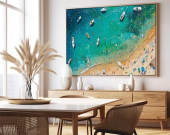 Aerial Beach Umbrella Oil Painting, Lake House Boating Art, Coastal Landscape Summer Wall Decor, Ocean Water, 594
