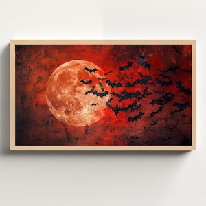 May include: A red, grunge-textured background with a large, full, red moon and a flock of black bats flying to the right.