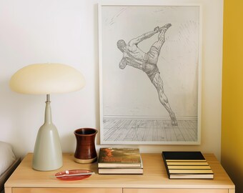Boceto de boxeo vintage, retrato masculino, boxeador minimalista con patadas altas en vestuario, impresión artística de gimnasio, grabado a lápiz de hombre musculoso (784)