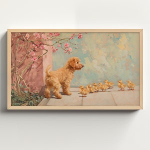 Samsung Frame TV Art | Art For Frame Tv  | Spring Abstract Oil Painting  | Digital Download  | Pastel Pup and Ducks Spring Decor