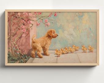 Pastel Puppy and Ducks Oil Painting, Spring Summer Art Samsung Frame TV, Digital Download