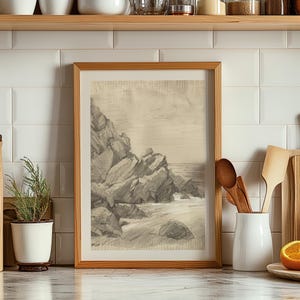 Impresión artística de boceto costero: Roca de playa neutra Giclée