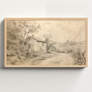 Samsung Frame TV Art, Vintage Rustic Landscape Sketch DIGITAL Download, Cottage Sketch Painting, Vintage Art
