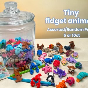 May include: A glass jar filled with colorful tiny fidget animal toys. Assorted packs of 5 or 10 pieces are available. The toys include various animals like bears, pandas, and crabs.