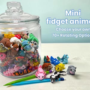 May include: A glass jar filled with colorful mini fidget animal figurines. The jar is next to several figurines and two pencils. Text on the image reads "Mini fidget animals" and "Choose your own 70+ Rotating Options."