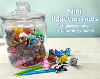 May include: A glass jar filled with colorful mini fidget animal figurines. The jar is next to several figurines and two pencils. Text on the image reads "Mini fidget animals" and "Choose your own 70+ Rotating Options."