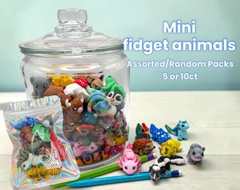 May include: A clear glass jar filled with assorted mini fidget animal figurines. A clear plastic bag with more animal figurines is in front of the jar. The text "Mini fidget animals" is in the background.