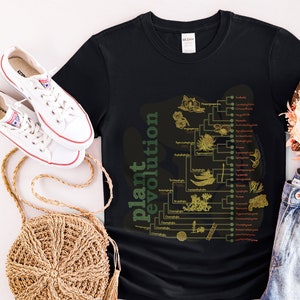 May include: Black t-shirt with a graphic of a plant evolution timeline. The graphic is in shades of green, yellow, and red. The text "Plant Evolution" is written vertically on the left side of the graphic.