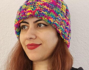 Handmade Rainbow Boho Knit Beanie - Soft Acrylic Chunky Winter Hat, Colorful Cuffed Beanie, Warm Unisex Knit Cap, Cozy Gift for Her & Him