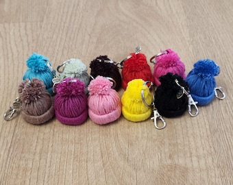 Mini Knit Beanie Keychain, Pom Pom Bag Charm, Cute Backpack Accessory, Handmade Winter Keyring, Small Kawaii Gift, Stocking Stuffer