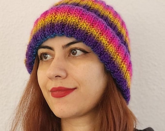 Handmade Rainbow Knit Beanie, Colorful Winter Hat, Soft Stretchy Boho Beanie, Vegan Warm Slouchy Hat, Unisex Everyday Knitwear