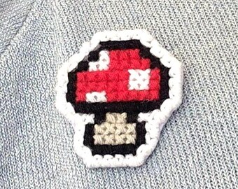 Mushroom Cross Stitch Pin, Cottagecore Pixel Art Brooch, Handmade Backpack Badge, Cute Mushroom Pin for Jacket or Bag
