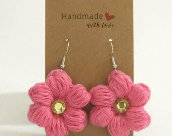 Crochet Flower Earrings, Handmade Cotton Dangle Jewelry, Boho Summer Accessory, Lightweight Floral Earring, Mother's Day Gift for Her