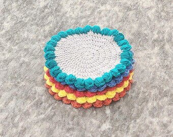 Set of 3 Crochet Cotton Coasters, Absorbent Mug Rug with Puff Stitch Edge, Handmade Table Protector, Boho Kitchen Decor, Housewarming Gift