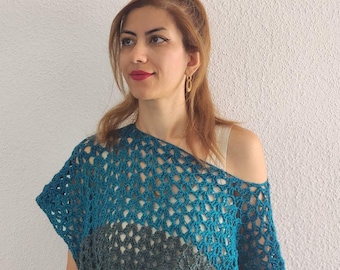 Handmade Crochet Poncho Top, Teal Openwork Poncho, Lightweight Asymmetrical Boho Cover Up, Vegan Women's Clothing