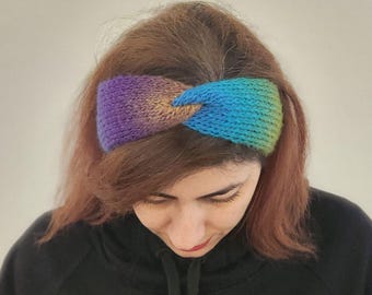 Handmade Twist Knit Headband, Teal Green Ombre Ear Warmer, Boho Turban Headband, Soft Winter Hair Accessory, Vegan Knit Gift for Her