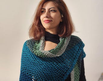 Crochet Triangle Shawl, Gradient Grey Teal Wrap, Boho Mesh Scarf, Lightweight Evening Cover Up, Summer Wrap, Vegan Gift for Her