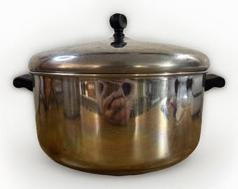 Olla Farberware vintage de 6 cuartos de galón, de acero inoxidable revestido de aluminio, con tapa.