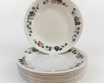 12 platos vintage Corelle Garden Home Birdhouse para pan y postre, 17 cm, color hiedra.