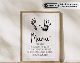 Personalisiertes Handabdruck Poster für Mama - Fußabdruck, Geschenk von Kindern, DIN A4, Download, zum Muttertag, Geburtstag, Weihnachten
