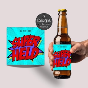 Bier Wein Flaschen Etikett Super Held, für Papa, Opa, Kollege, Freund, Vatertagsgeschenk, Geburtstag, Bieretikett, Weinetikett, Mann, Comic