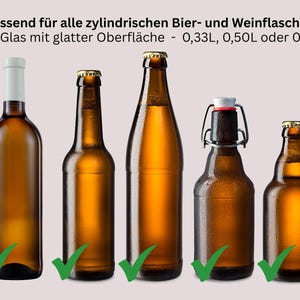 May include: An assortment of brown glass bottles, including wine and beer bottles, with varying shapes and sizes. The bottles have different closures, including a white cap, gold caps, and a swing top. The text in the image says the bottles are suitable for cylindrical beer and wine bottles.
