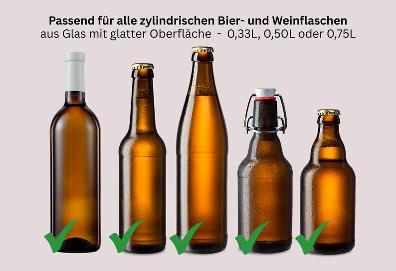 May include: An assortment of brown glass bottles, including wine and beer bottles, with varying shapes and sizes. The bottles have different closures, including a white cap, gold caps, and a swing top. The text in the image says the bottles are suitable for cylindrical beer and wine bottles.