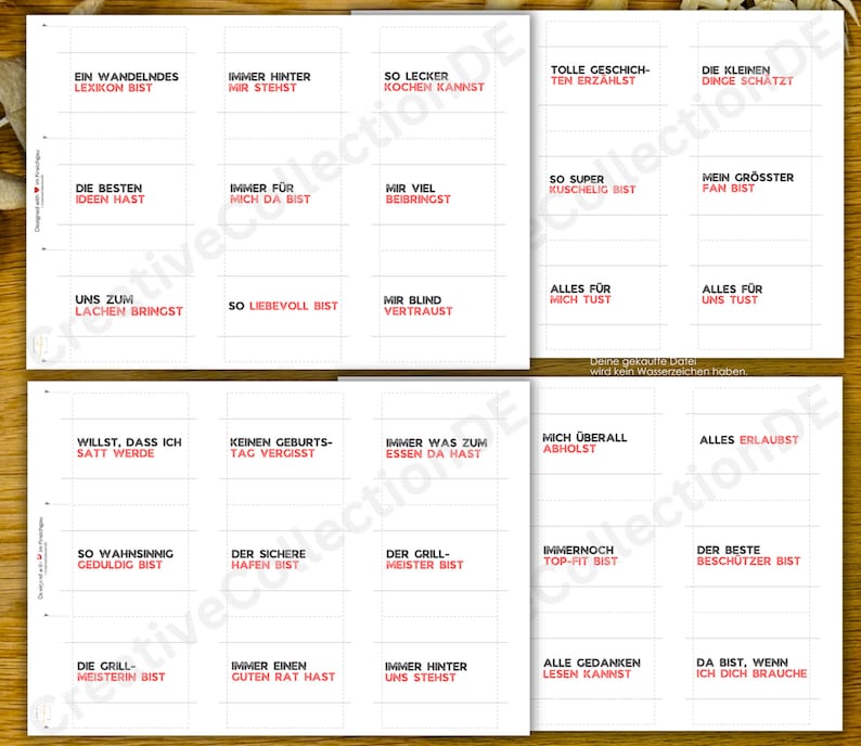 May include: A set of 36 white cards with red text. Each card has a different phrase on it, such as "You are the best listener" or "You always make me laugh".